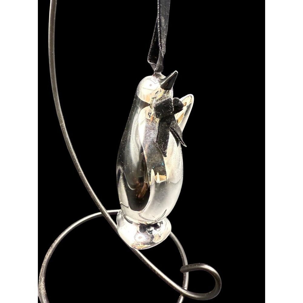 Silver Tone and Black Penguin Ceramic Ornament With Black Ribbon Accent